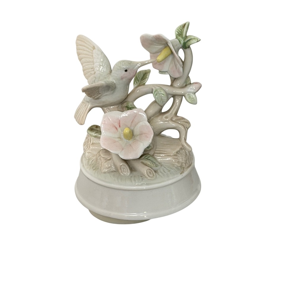Vintage Hummingbird Music Box  Pink White Porcelain Floral Figurine